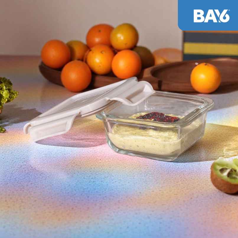 BAY6 Premium Small Borosilicate Glass Container with Lid 160 ml - Square - Beige