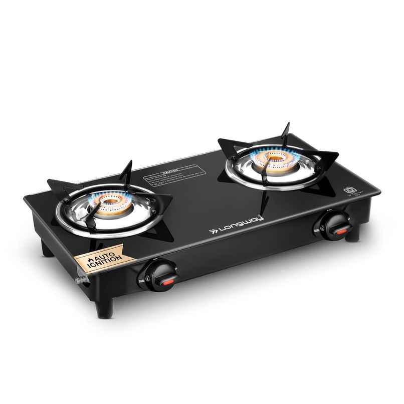 Longway Furn Glass Top, 2 Burner Manual Ignition Glass Gas Stove (Black)