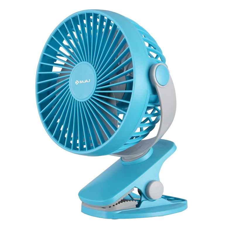 Bajaj Pygmy Mini Fan 110MM | USB Charging | Multi-Clip Function | Rechargeable | 4-Hr Back-up, Blue Bajaj Pygmy Mini Fan 110MM | USB Charging | Multi-Clip Function | Rechargeable | 4-Hr Back-up, Blue