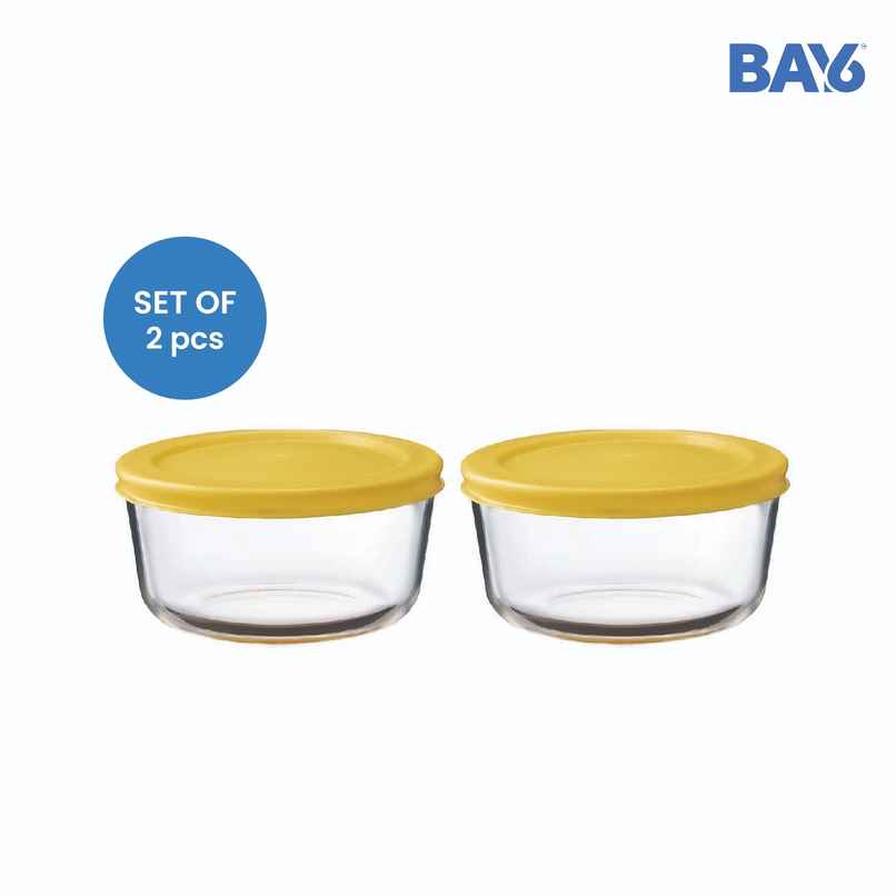 BAY6 Premium Imported Borosilicate Glass Container with Lid -472 ml - Round - Set of 2 - Yellow BAY6 Premium Imported Borosilicate Glass Container with Lid -472 ml - Round - Set of 2 - Yellow