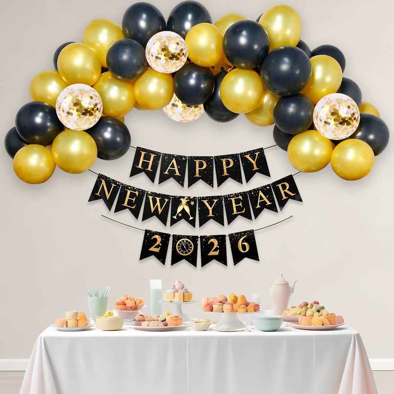 Happy New Year 2026 Decor | Black & Gold Balloons with Banner | Party Propz