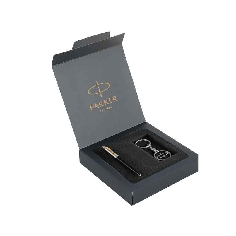 Parker Galaxy Standard Gold Trim Ball Pen with Silver Key Chain Gift Set | Ink Color- Blue