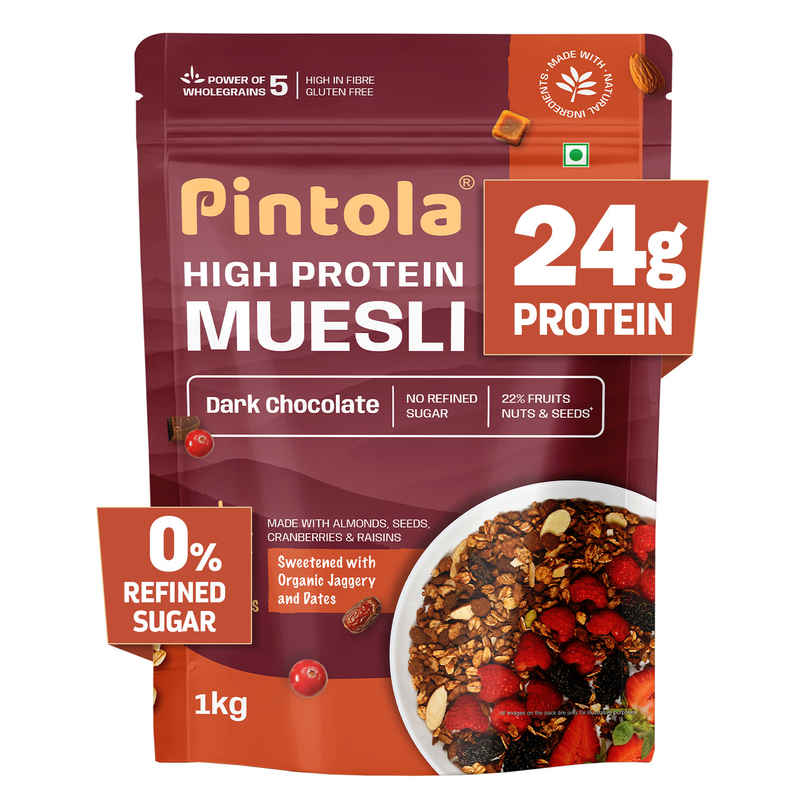 Pintola High Protein Muesli Dark Chocolate & Cranberry, 22G Protein, High Fibre, Trans Fat Free