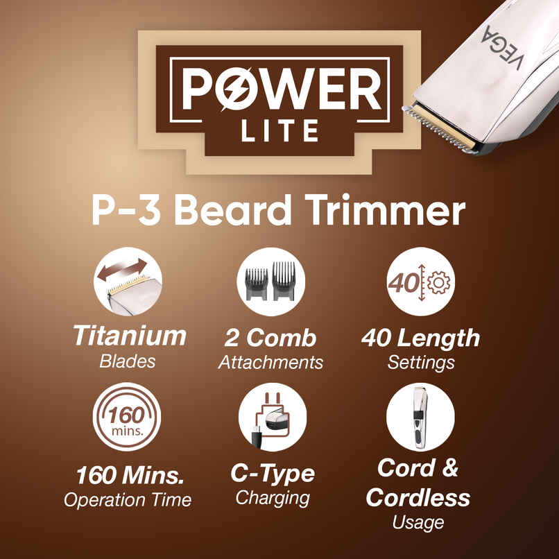 Vega P3 Battery Powered Trimmer for Men, USB C Type, 160 Mins Runtime & 2 Beard Comb, (VHTH-27) Vega P3 Battery Powered Trimmer for Men, USB C Type, 160 Mins Runtime & 2 Beard Comb, (VHTH-27)