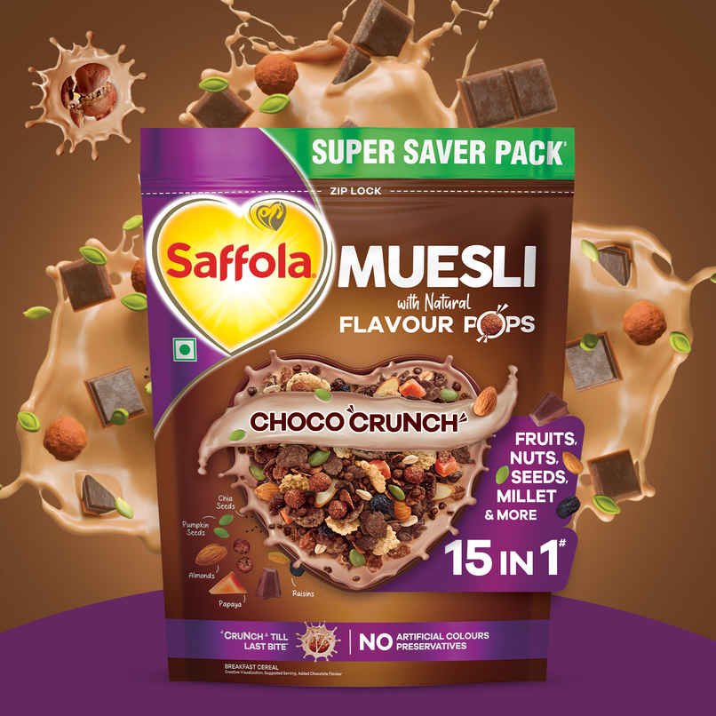 Saffola Muesli Choco Crunch with Flavour Pops | 15 in 1 Fruit and Nuts, Seeds | Millet & more