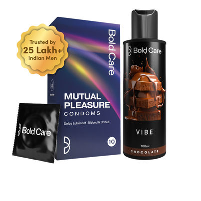 Bold Care 404 Mutual Pleasure Condoms For Men (Pack Of 10) (10pc) & Bold Care Vibe - Chocolate Flavoured Water-Based Intimate Lube (100ml) Combo