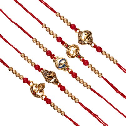 Religious Red & Golden Om Symbol and Lord Ganesha Designer Rakhis & Roli Chawal Pack (eCraftIndia) Set of 5 Religious Red & Golden Om Symbol and Lord Ganesha Designer Rakhis & Roli Chawal Pack (eCraftIndia) Set of 5