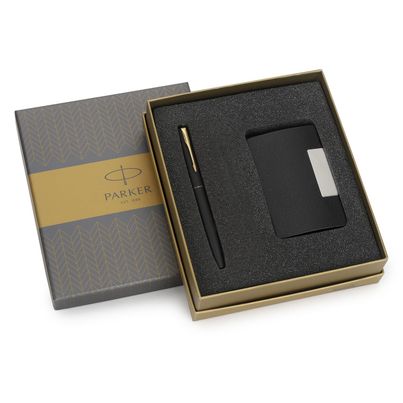 Parker Gift Set- (Parker Frontier Matte Black Gold Trim Fountain Pen With Holder) Ink Color - Blue