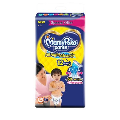 Mamypoko Standard All Night Baby Diapers | Pant Style | Free Size | 36 pcs