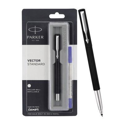 Parker Vector Standard Roller Ball Pen Chrome Trim Black Body (Blue Ink)