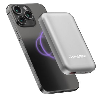 Ambrane 10000 mAh Magsafe Fast Wireless Charging Power Bank for Qi Enabled Devices (Snap, Silver)