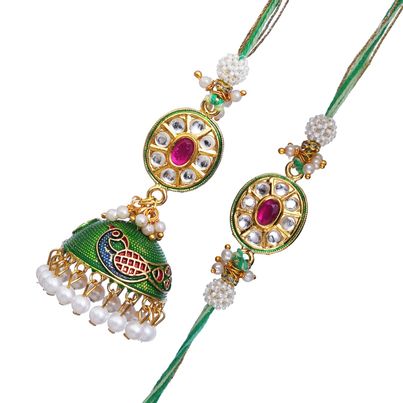 Bhaiya Bhabhi Kundan, Pearl Peacock Designer Rakhi for Brother and Bhabhi & Roli Chawal Pack (eCraftIndia) Set of 2