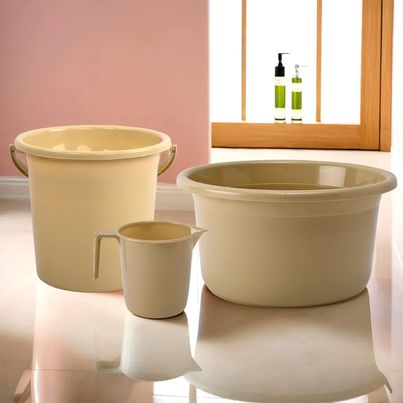 Kuber Industries Tub-Bucket with Mug Bathroom Combo Set|Set of 3|Beige Kuber Industries Tub-Bucket with Mug Bathroom Combo Set|Set of 3|Beige
