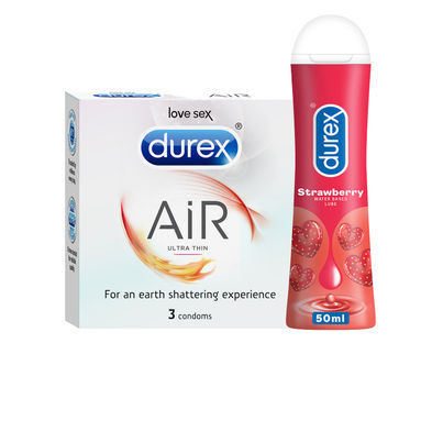 Durex Air Condom - Ultra Thin Condoms (3pc) & Durex Lube - Strawberry - Flavoured Lubricant (50ml) Combo
