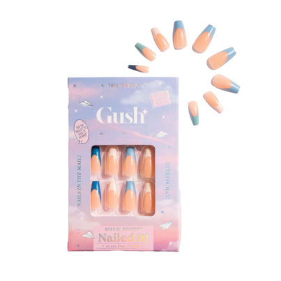 Gush Beauty | Reusable Luxury Press On Nails With Application Kit | Blue French Tips- Long Coffin
