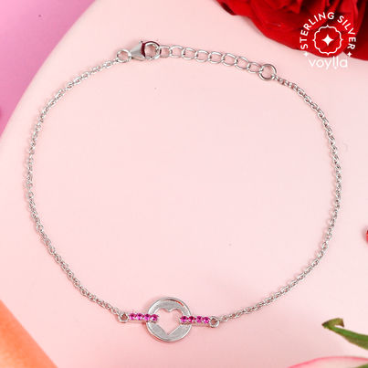 Voylla Collection Pink Cz Heart Silver Bracelet