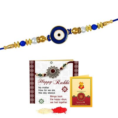 Evil Eye Rakhi for Brother with Roli Chawal (Tied Ribbons) Evil Eye Rakhi for Brother with Roli Chawal (Tied Ribbons)