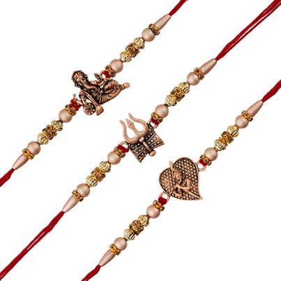 Religious Red & Golden Trishul with Damru, Lord Ganesha, & Lord Krishna Playing Flute Rakhis & Roli Chawal Pack (eCraftIndia) Set of 3