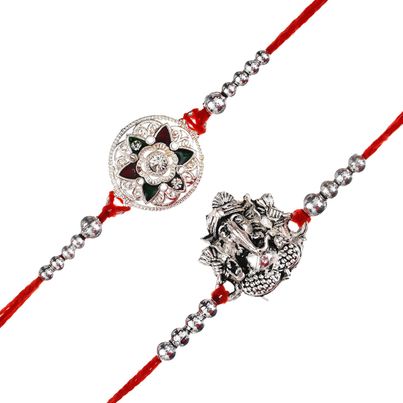 Religious Silver Religious Lord Ganesha and Flower Designer Rakhis with Red Threads, & Roli Chawal Pack (eCraftIndia) Set of 2