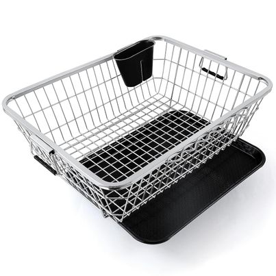 Tex-Ro Stainless Steel Utensils Basket with Removable Dish Drainer & Cutlery Holder