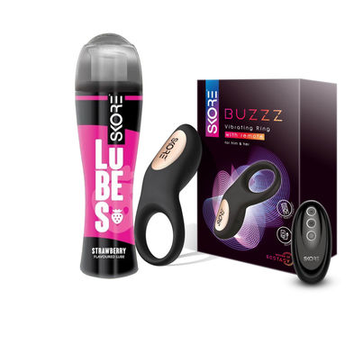 Skore Lubes - Strawberry Flavour (50ml) & Skore Vibrating Ring - Buzzz With Remote For Him And Her (1pc) Combo