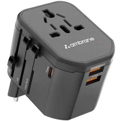 Ambrane (ATA-01) Universal Travel Adapter,4 in 1 Fast Charging; 1 Type C (20W),2 USB (20W) & 1 AC Socket (880W) with 3 Removable Pins for EU,UK and USA/AUS and Other Countries for Modern Travel - Black