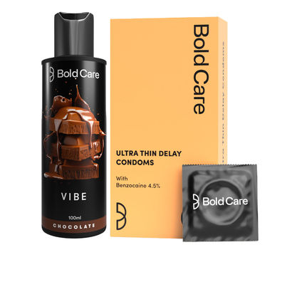 Bold Care Ultra Thin Delay Condoms With Benzocaine 4.5% (10pc) & Bold Care Vibe - Chocolate Flavoured Water-Based Intimate Lube (100ml) Combo 