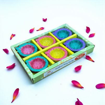 Multicolour Leaf Shaped Diya | Designer Clay Diya | Pack Of 6 | DiaCraft