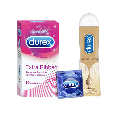 Durex Extra Ribbed Condom - Dotted & Ribbed Condoms (10pc) & Durex Lube - Real Feel - Long Lasting Lubricant (50ml) Combo