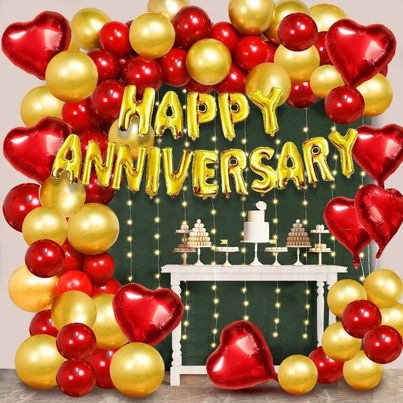 Party Propz Red And Golden Happy Anniversary Decorations For Home Kit - Pack Of 73