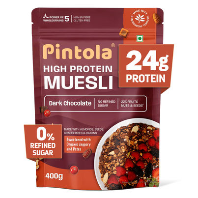 Pintola High Protein Muesli Dark Chocolate & Cranberry, 22g Protein, High Fibre, Trans Fat Free Pintola High Protein Muesli Dark Chocolate & Cranberry, 22g Protein, High Fibre, Trans Fat Free