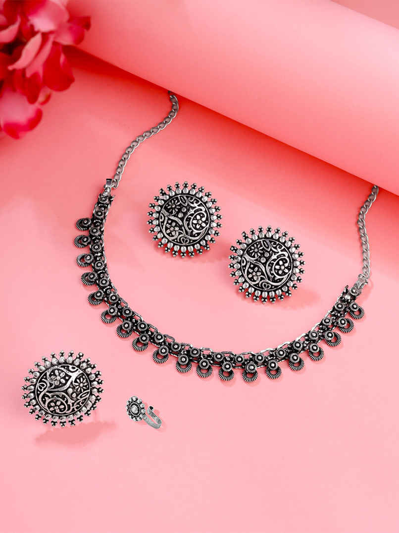 Yellow Chimes German Oxidised Silver Contemporary Design Ethnic Jewellery Choker Necklace Set