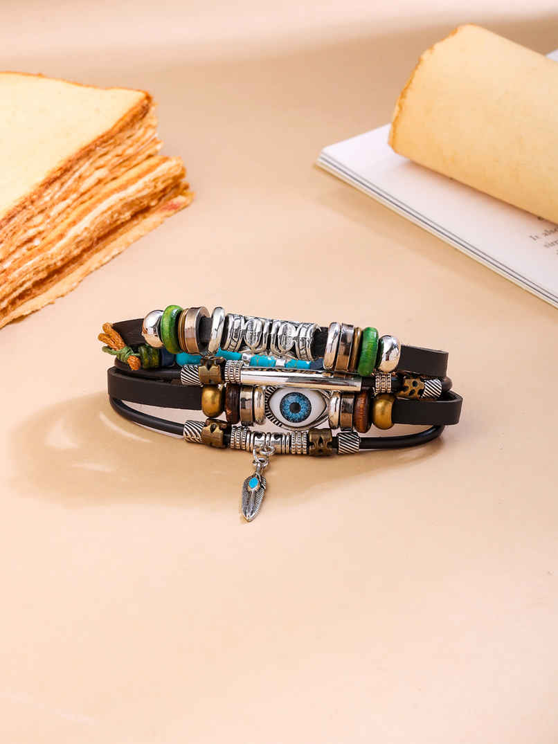 Yellow Chimes Unisex Evil Eye Black & Blue Leather Wraparound Bracelet