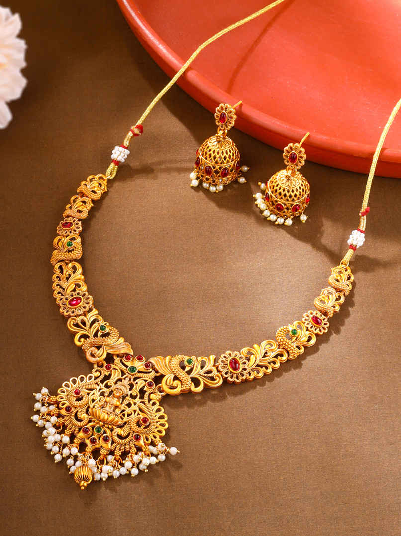 Yellow Chimes Gold-Plated Temple Necklace Set For Women