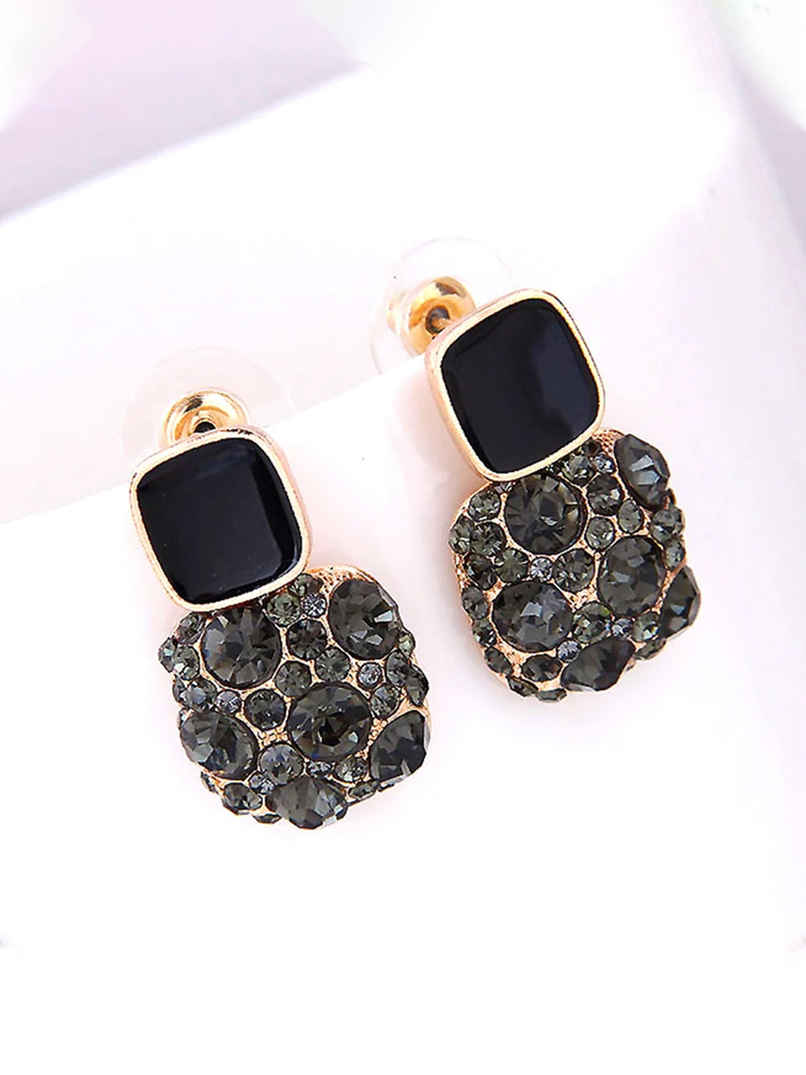 Yellow Chimes Black Stone Studded Geometric Drop Earrings for Women