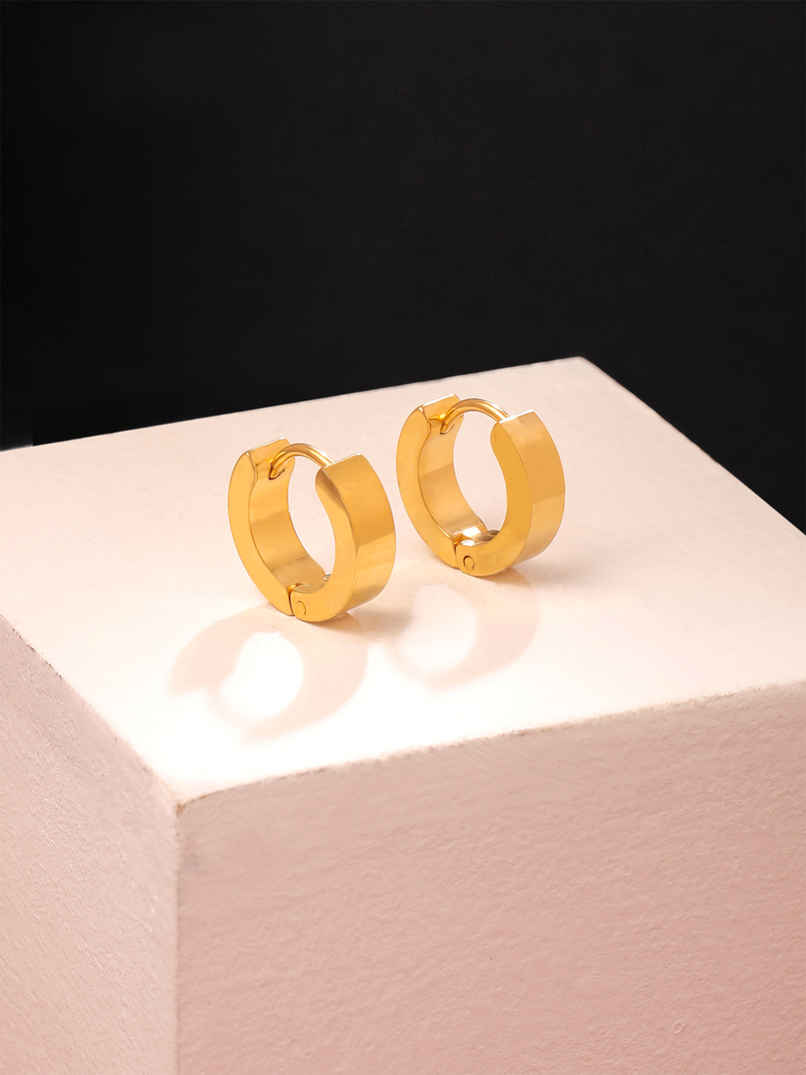 Yellow Chimes Gold Plated Smooth Finished Huggie Hoop Earrings for Men