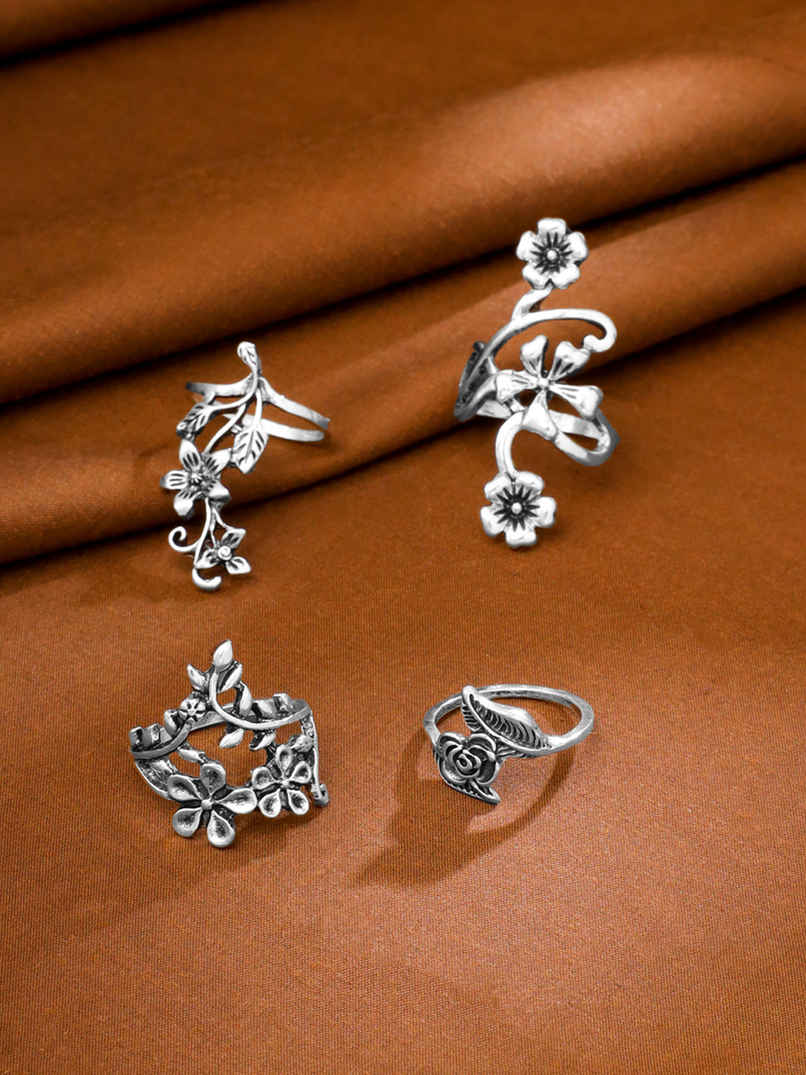 Yellow Chimes 4 Pcs Oxidised Ring Set for Women, Boho Vintage Floral Rings