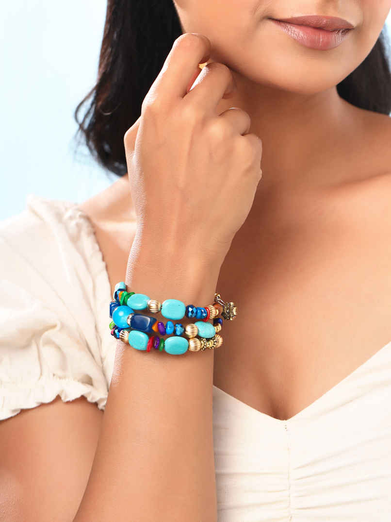 Yellow Chimes Blue Beads Bracelets | Stretch Beaded