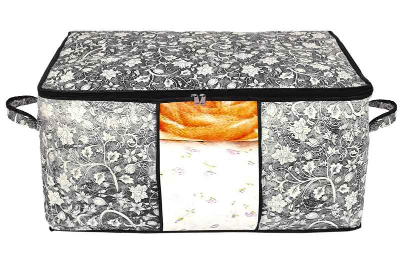 Kuber Industries Flower Foldable Non Woven Underbed Storage Bag with Transparent Window (Black)