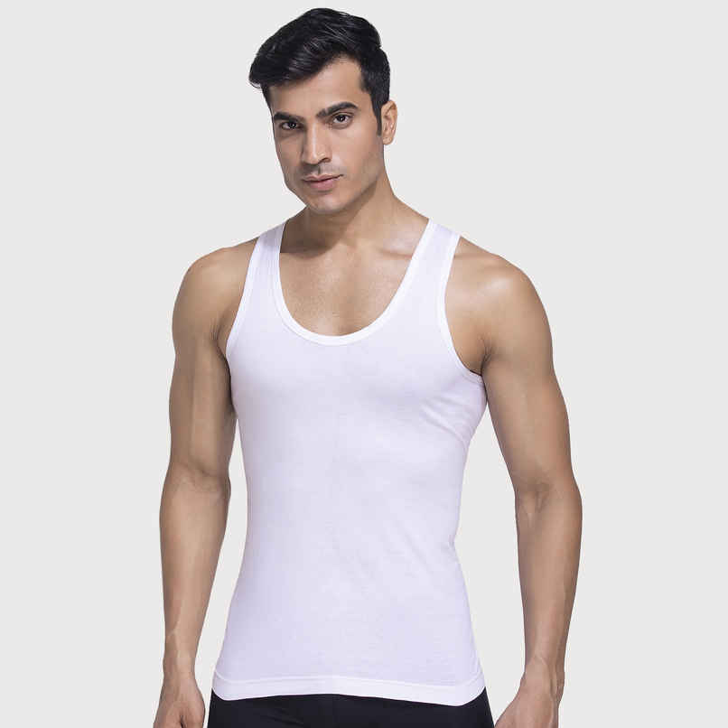 John Players Men's Classic Ribbed Cotton Vest | (JVT002M18) | White - L