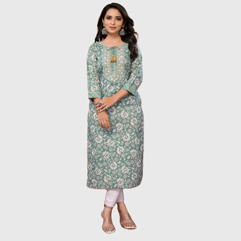 Rangita Women s Green Cotton Embroidered Calf Length Straight Kurta | M Rangita Women s Green Cotton Embroidered Calf Length Straight Kurta | M