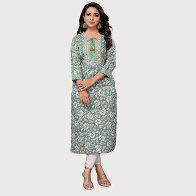 Rangita Women s Green Cotton Embroidered Calf Length Straight Kurta | M Rangita Women s Green Cotton Embroidered Calf Length Straight Kurta | M