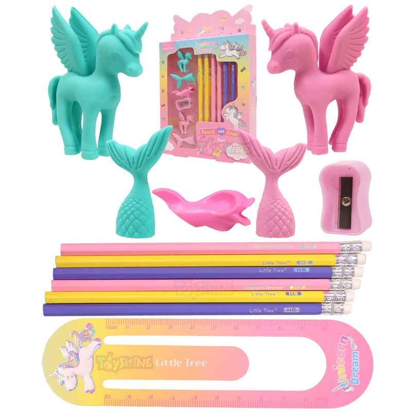 Toyshine Pack of 13 Unicorn Mermaid Erasers & Stationery Set