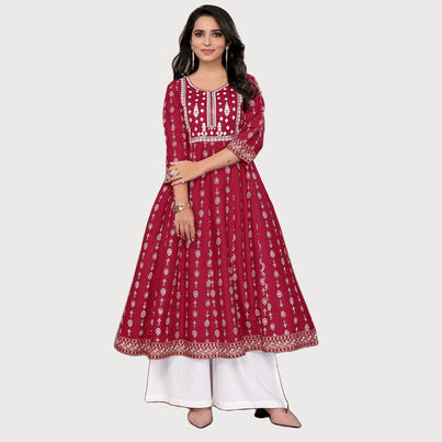 Rangita Women s Maroon Rayon Embroidered Calf Length Anarkali Kurta | M Rangita Women s Maroon Rayon Embroidered Calf Length Anarkali Kurta | M