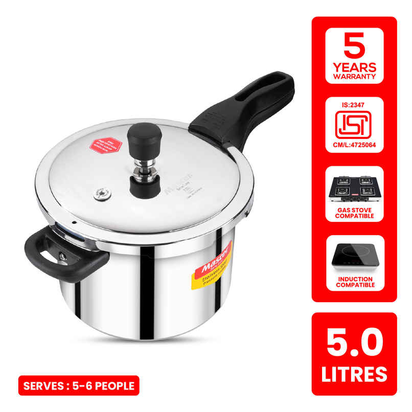 Master Stainless Steel Flat Outer Lid Pressure Cooker 5 L, Gas and Induction Stove Compatible Master Stainless Steel Flat Outer Lid Pressure Cooker 5 L, Gas and Induction Stove Compatible