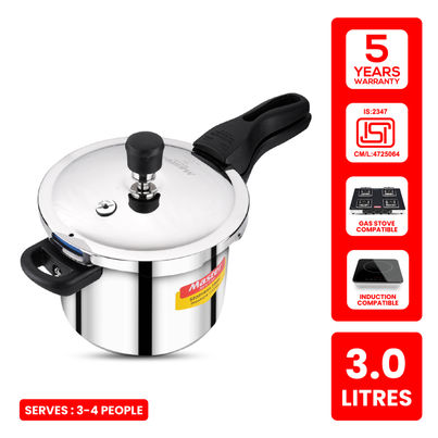 Master Stainless Steel Flat Outer Lid Pressure Cooker 3 L, Gas and Induction Stove Compatible