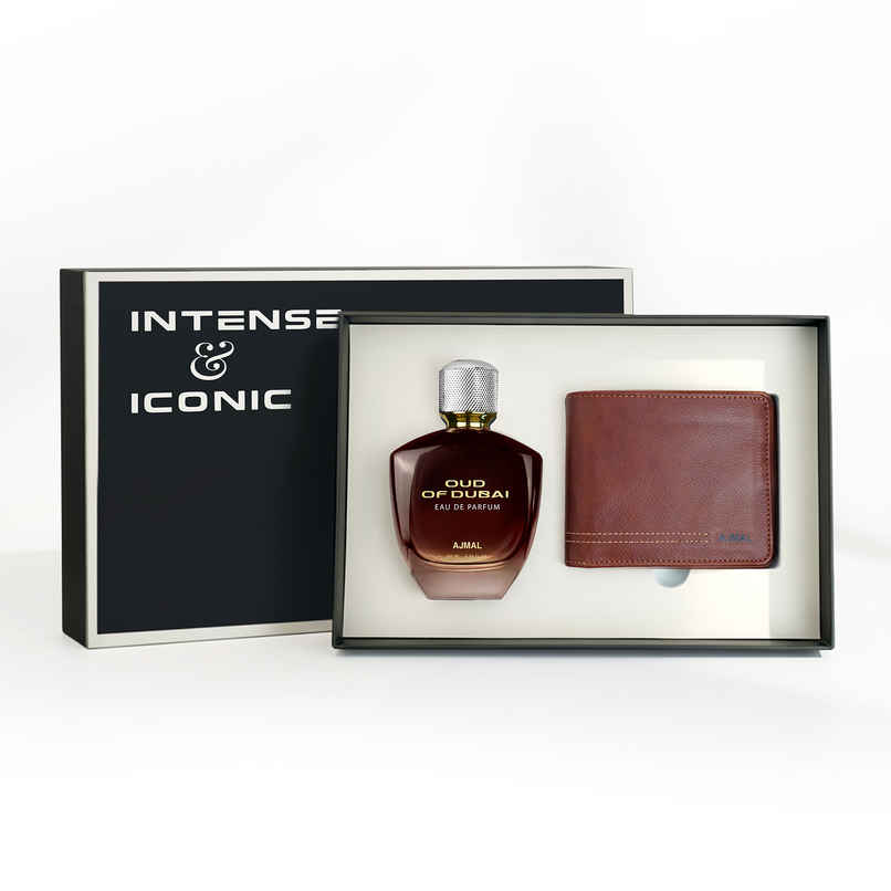 Ajmal Men's Gift Set Oud of Dubai EDP Leather Wallet