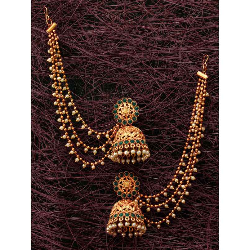 Aadita Chandbali Style Antique Gold Jhumka Earrings - Green & Pearl Chain Design