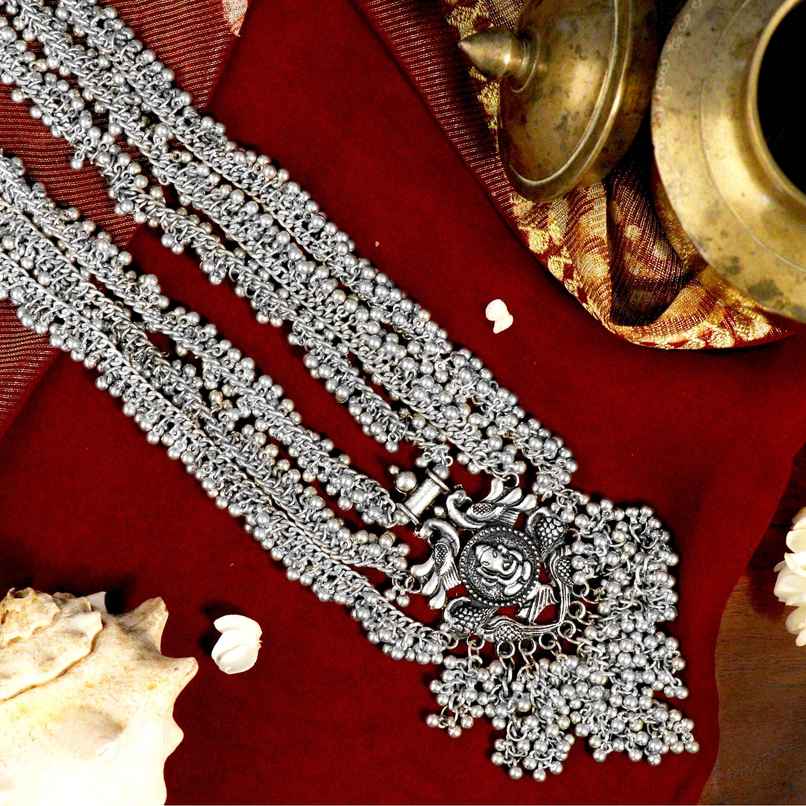 Teejh Krisha Silver Oxidized Ghungroo Necklace