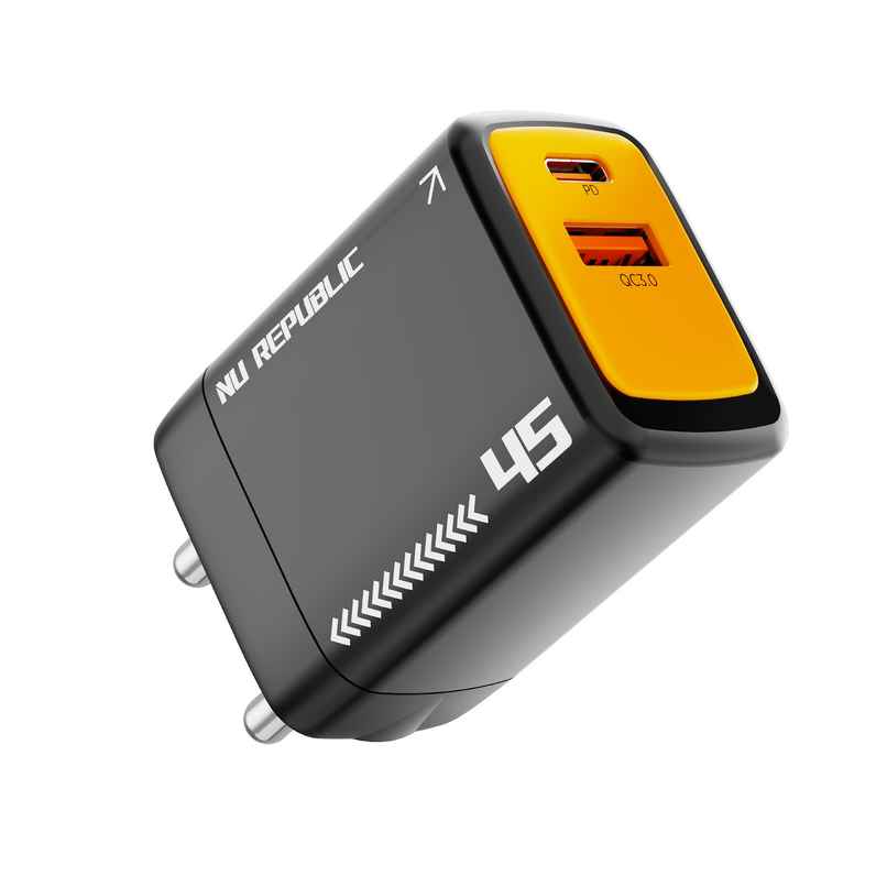 Nu Republic Cybotron 45W Dual Port Gan Superfast Wall Charger, USB & Type C Port, QC PD Technology with Type-C to C Cable, Supports MacBook, Type-C Laptops, iPhone, Samsung, OnePlus etc (Black) Nu Republic Cybotron 45W Dual Port Gan Superfast Wall Charger, USB & Type C Port, QC PD Technology with Type-C to C Cable, Supports MacBook, Type-C Laptops, iPhone, Samsung, OnePlus etc (Black)